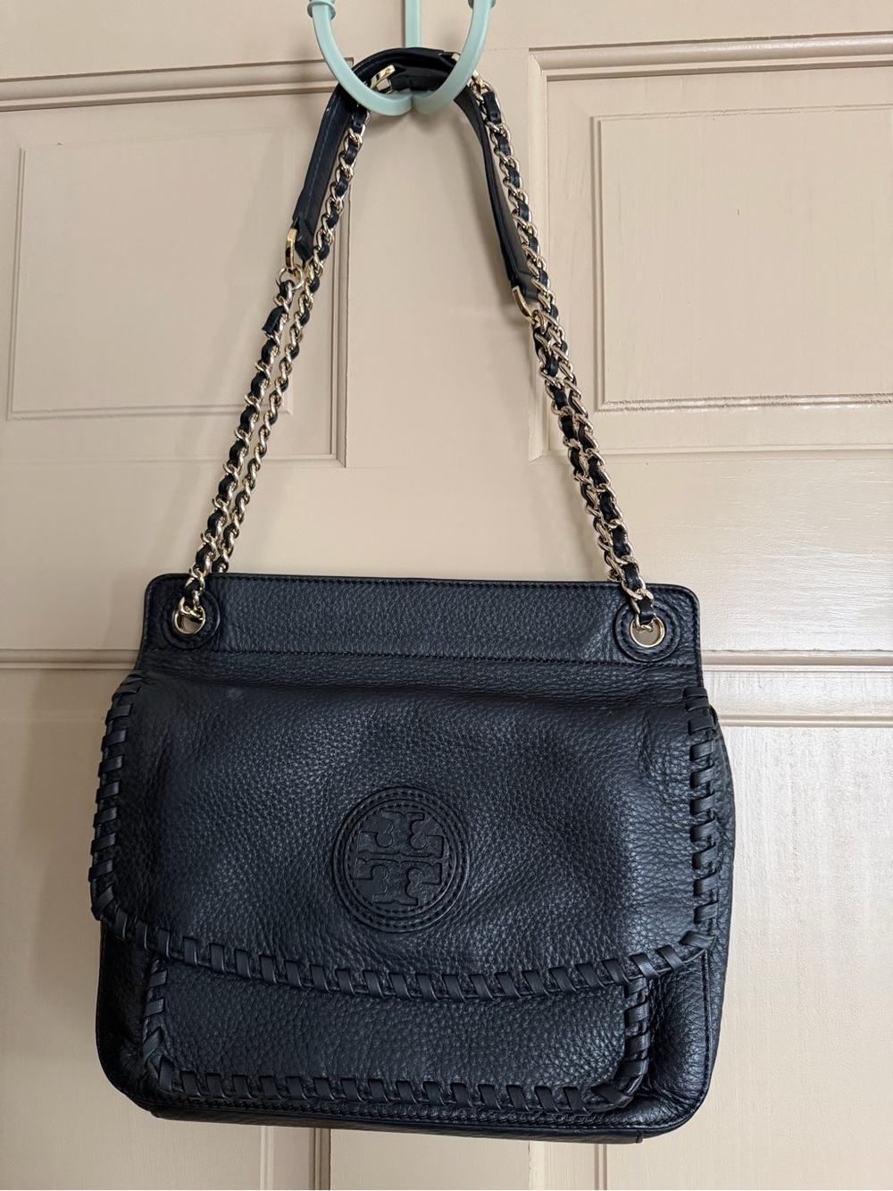 Tory Burch Black Pebbled Leather Chain-Handle Shoulder Bag